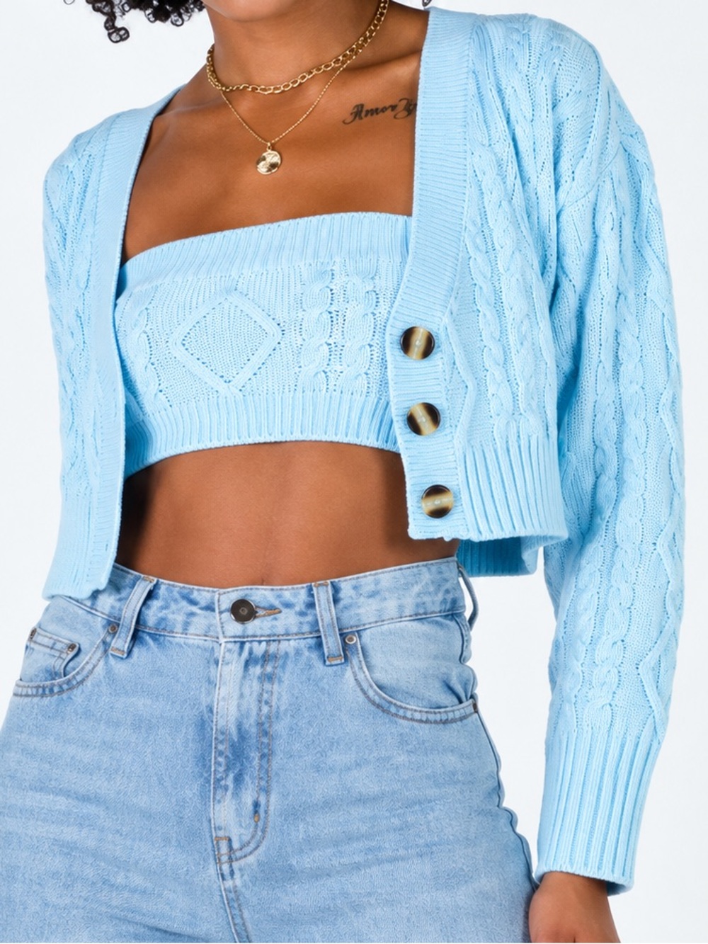 Princess Polly Light Blue Cable Knit Crop Cardigan & Bandeau Set